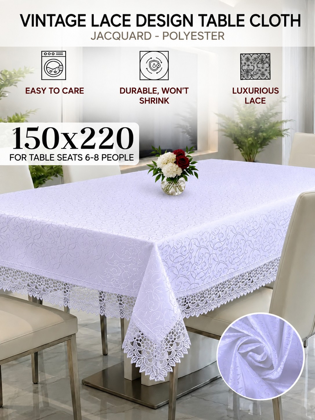 Vintage Lace Design Table Cloth (60x90 Inch) 6 Chair